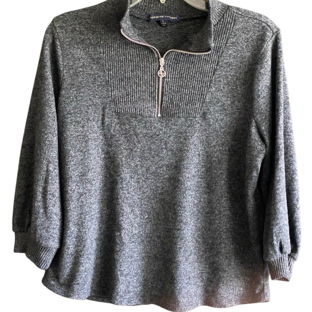 Adrienne Vittadini 3/4 Sleeve Gray Sweater with 1/4 Zip. Size Large. - Picture 3 of 8